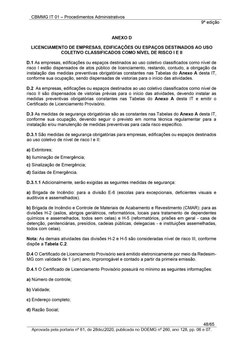 ANEXO D - LICENCIAMENTO DE EMPRESAS - IT 01, 9ª ED - CORPO DE BOMBEIROS