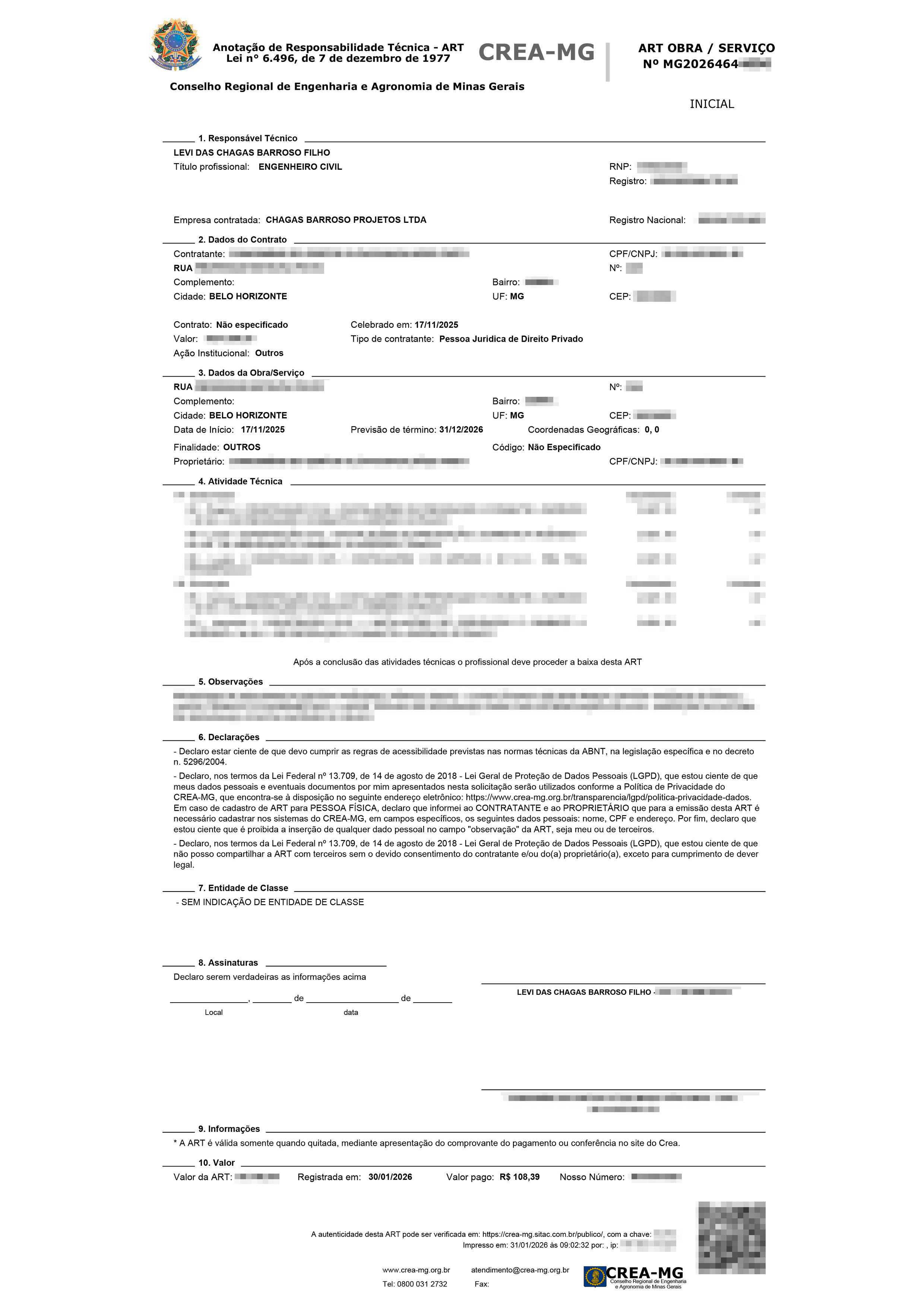 Anotação de Responsabilidade Técnica (ART) - Engenheiro Levi das Chagas Barroso Filho