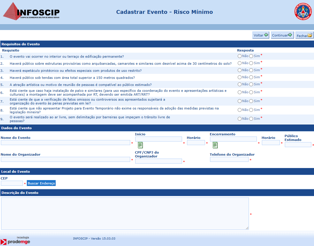 Declaração para Evento de Risco Mínimo