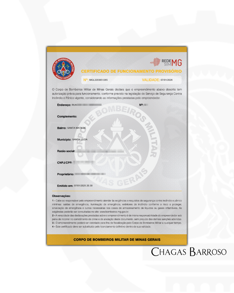 CERITIFCADO DE FUNCIONAMENTO PROVISÓRIO - SUPERMERCADO - SANTA LUZIA - MG - ENGENHEIRO LEVI DAS CHAGAS BARROSO FILHO