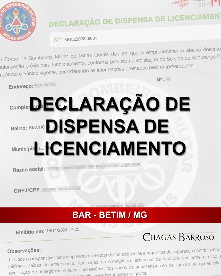 DECLARAÇÃO DE DISPENSA DE LICENCIAMENTO BAR - BETIM - MG - ENGENHEIRO LEVI DAS CHAGAS BARROSO FILHO