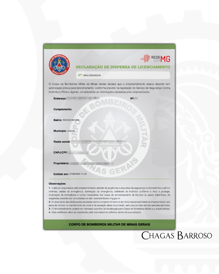 DECLARAÇÃO DE DISPENSA DE LICENCIAMENTO “ESTABELECIMENTO INÓCUO” ESCRITÓRIO “EM CASA”  - CAETE - MG