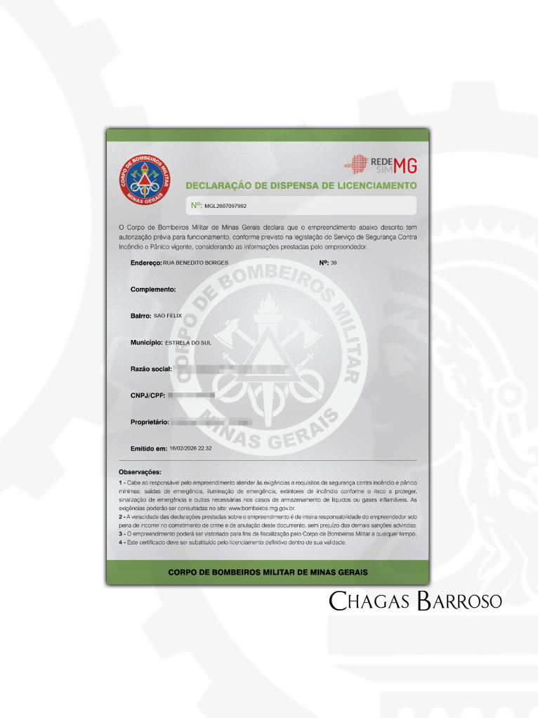 DECLARAÇÃO DE DISPENSA DE LICENCIAMENTO LOJA DE VESTUÁRIO - ESTRELA DO SUL - MG - ENGENHEIRO LEVI DAS CHAGAS BARROSO FILHO