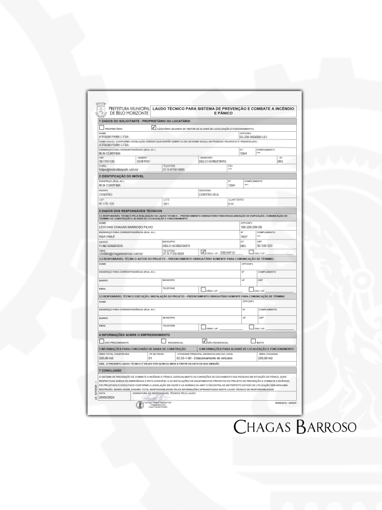 ELABORAÇÃO DE PROJETO E LAUDO TÉCNICO DE SEGURANÇA CONTRA INCÊNDIO E  PÂNICO CLÍNICA DE FISIOTERAPIA E PILATES - BH - ENGENHEIRO LEVI DAS CHAGAS BARROSO FILHO