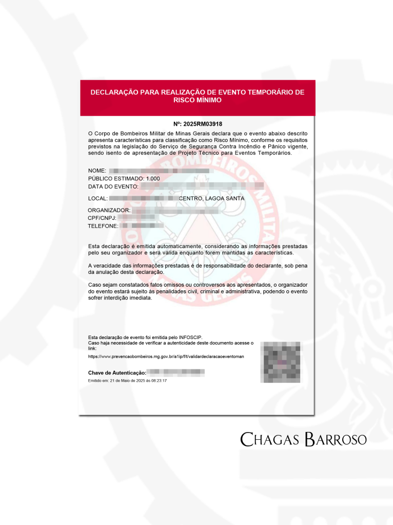 EVENTO TEMPORÁRIO DE RISCO MÍNIMO - 1000 PESSOAS - LAGOA SANTA - MG - ENGENHEIRO LEVI DAS CHAGAS BARROSO FILHO