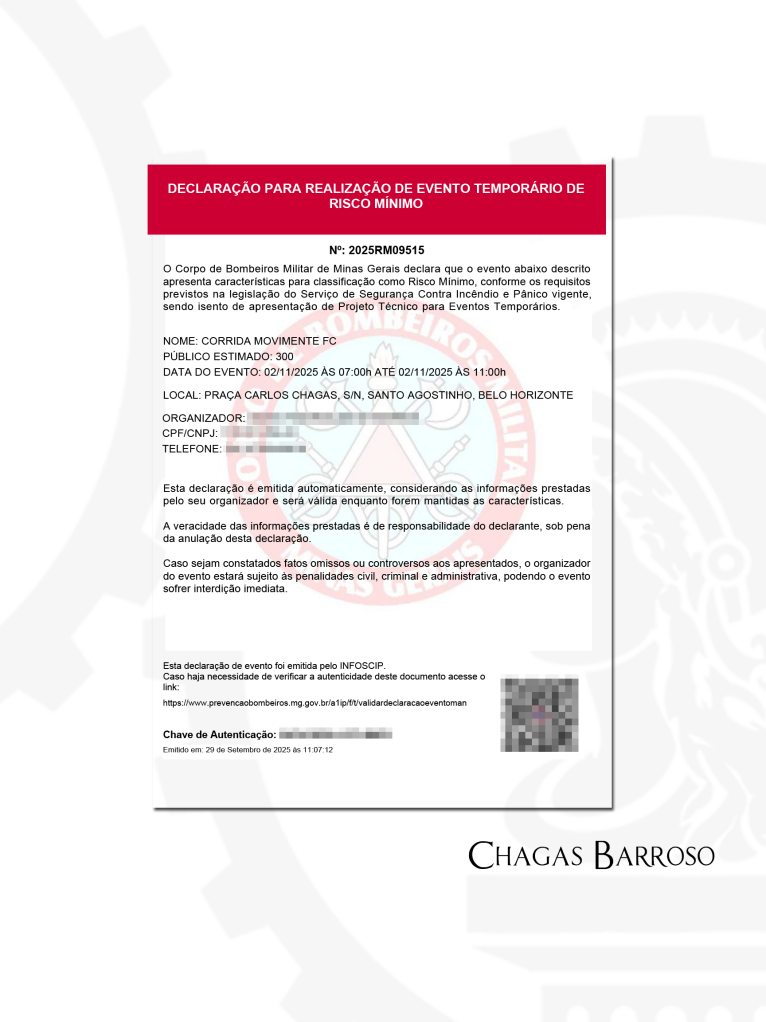 EVENTO TEMPORÁRIO DE RISCO MÍNIMO - 300 PESSOAS - SANTO AGOSTINHO - BH - ENGENHEIRO LEVI DAS CHAGAS BARROSO FILHO