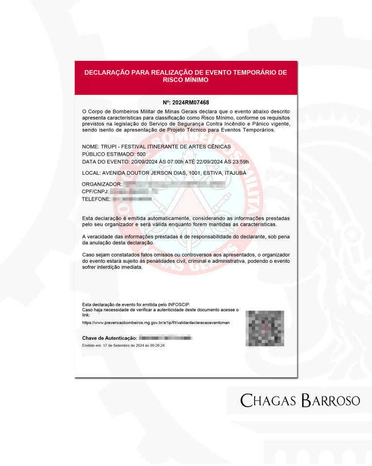 LAUDO TÉCNICO EVENTO TEMPORÁRIO DE RISCO BAIXO - 500 PESSOAS - SANTA TEREZA - BH