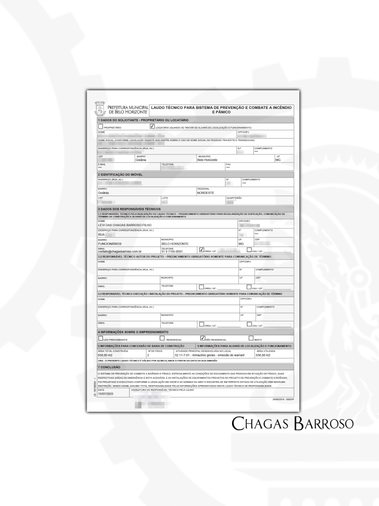 INSPEÇÃO & EMISSÃO DE LAUDO TÉCNICO DE SEGURANÇA CONTRA INCÊNDIO E PÂNICO EMPRESA DE ARMAZÉNS - BH - MG - ENGENHEIRO LEVI DAS CHAGAS BARROSO FILHO