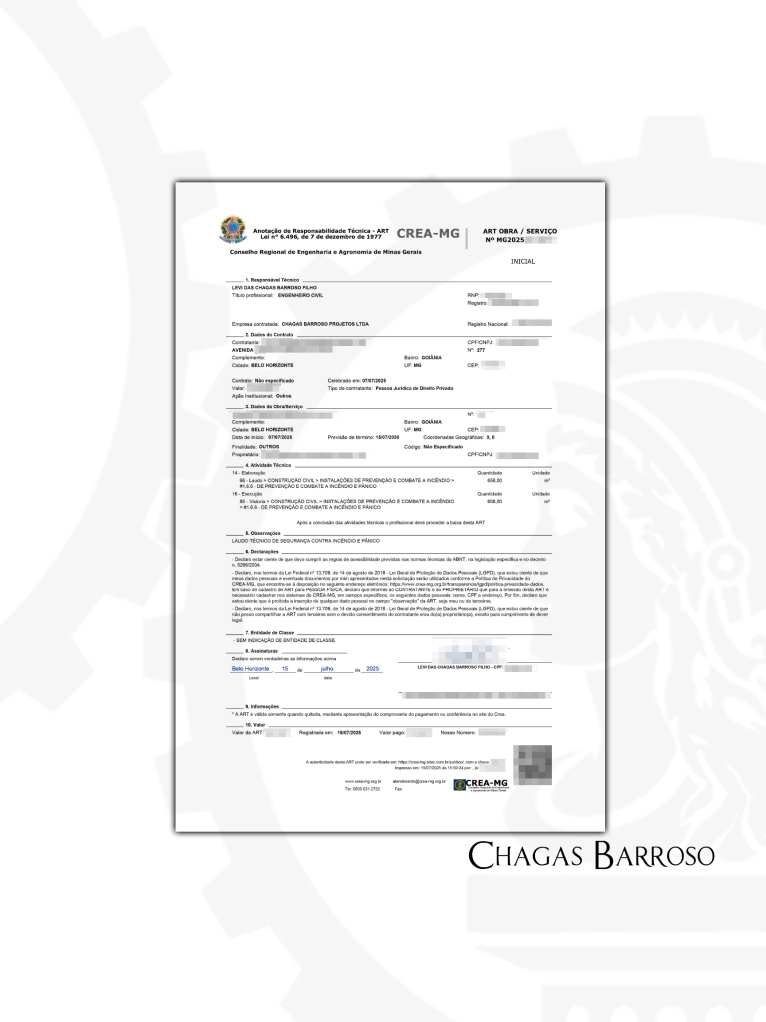 INSPEÇÃO & EMISSÃO DE LAUDO TÉCNICO DE SEGURANÇA CONTRA INCÊNDIO E PÂNICO EMPRESA DE ARMAZÉNS - BH - MG - ENGENHEIRO LEVI DAS CHAGAS BARROSO FILHO