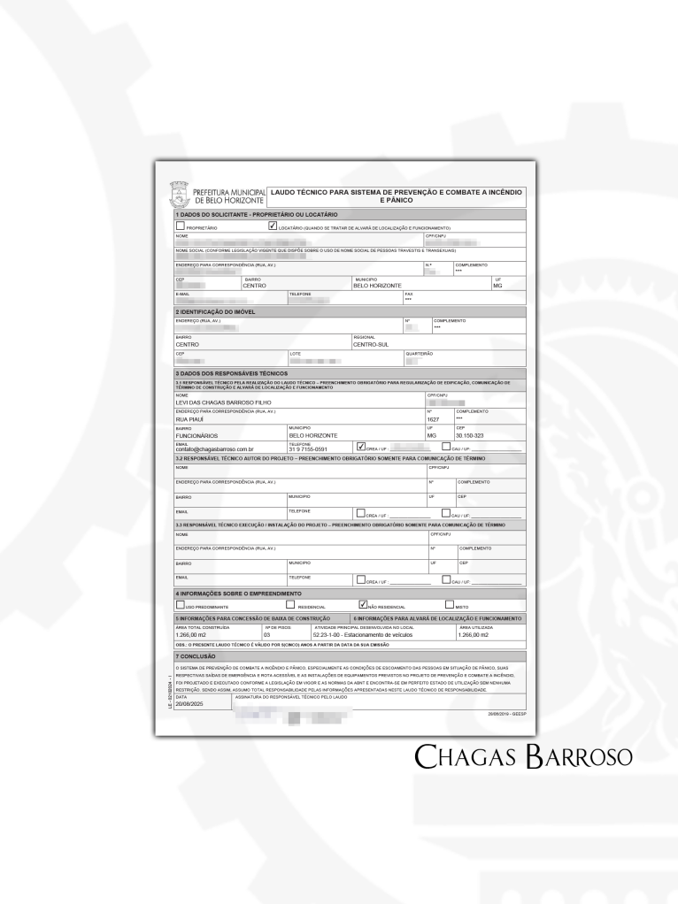 INSPEÇÃO & EMISSÃO DE LAUDO TÉCNICO DE SEGURANÇA CONTRA INCÊNDIO E PÂNICO ESTACIONAMENTO - CENTRO - BH - MG - ENGENHEIRO LEVI DAS CHAGAS BARROSO FILHO