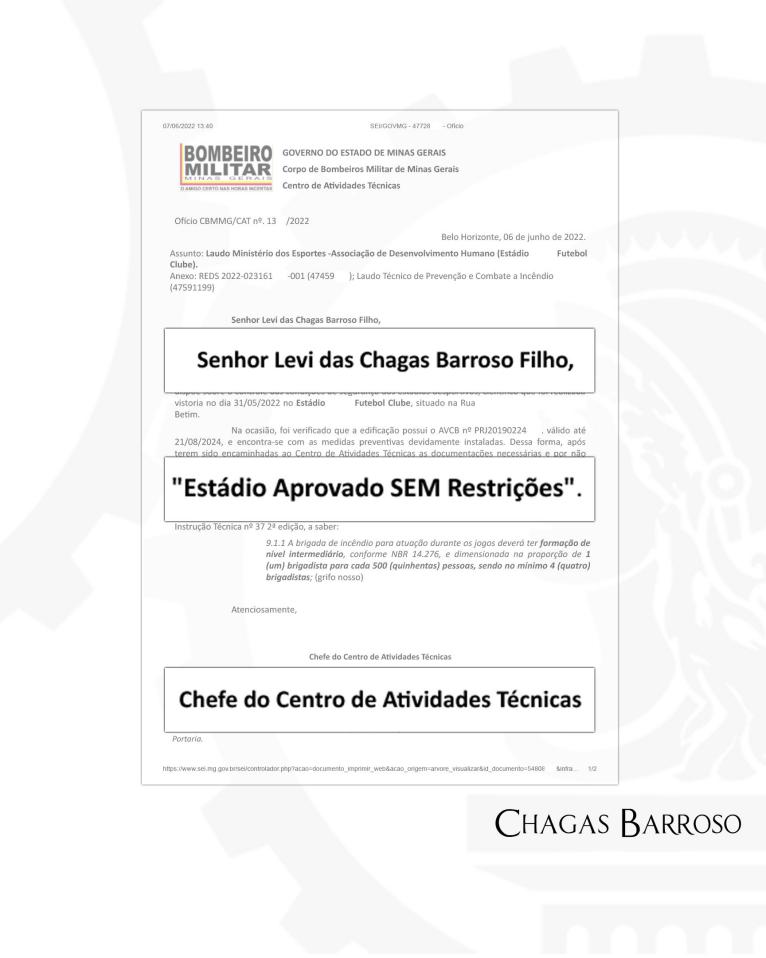 LAUDO TÉCNICO CONTROLE DAS CONDIÇÕES DE SEGURANÇA DOS ESTÁDIOS DESPORTIVOS ESTÁDIO DE FUTEBOL BETIM - MG