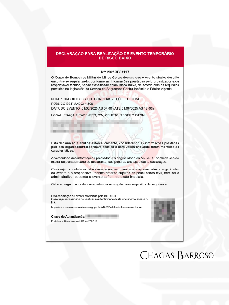 LAUDO TÉCNICO EVENTO TEMPORÁRIO DE RISCO BAIXO - 1500 PESSOAS - TEÓFILO OTONI - -ENGENHEIRO LEVI DAS CHAGAS BARROSO FILHO