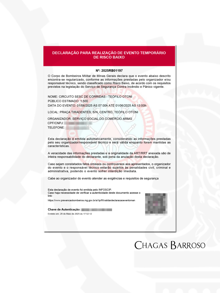 LAUDO TÉCNICO EVENTO TEMPORÁRIO DE RISCO BAIXO - 1500 PESSOAS - VARGINHA - -ENGENHEIRO LEVI DAS CHAGAS BARROSO FILHO