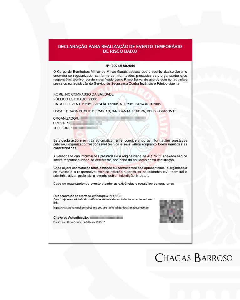 LAUDO TÉCNICO EVENTO TEMPORÁRIO DE RISCO BAIXO - 3000 PESSOAS - SANTOS DUMONT - MG