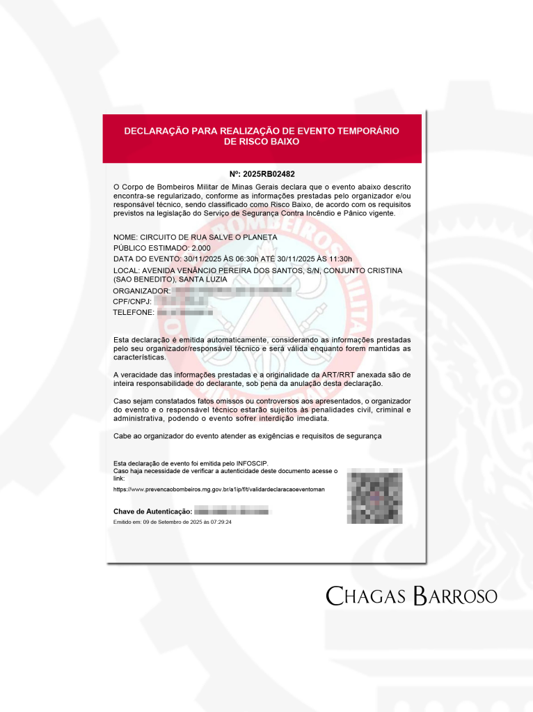 LAUDO TÉCNICO EVENTO TEMPORÁRIO DE RISCO BAIXO - 2000 PESSOAS - SANTA LUZIA - MG - ENGENHEIRO LEVI DAS CHAGAS BARROSO FILHO