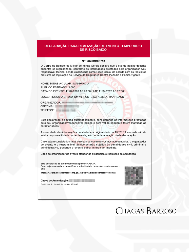 LAUDO TÉCNICO EVENTO TEMPORÁRIO DE RISCO BAIXO - 3000 PESSOAS - MANHUAÇU - MG - ENGENHEIRO LEVI DAS CHAGAS BARROSO FILHO