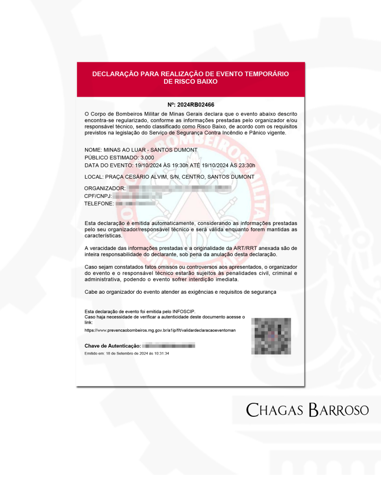 LAUDO TÉCNICO EVENTO TEMPORÁRIO DE RISCO BAIXO - 3000 PESSOAS - SANTOS DUMONT - MG
