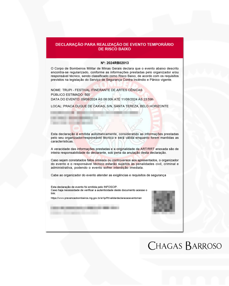 LAUDO TÉCNICO EVENTO TEMPORÁRIO DE RISCO BAIXO - 500 PESSOAS - SANTA TEREZA - BH