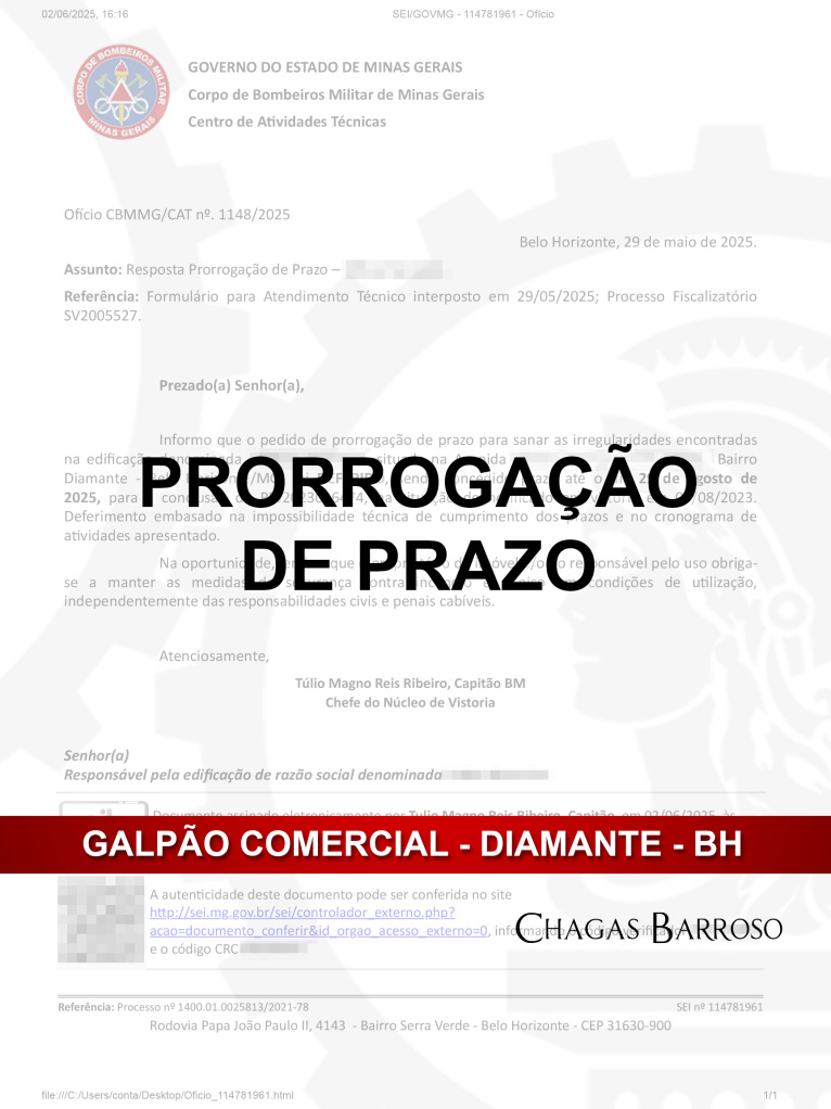 PRORROGAÇÃO DE PRAZO - GALPÃO COMERCIAL - DIAMANTE - BH - ENGENHEIRO LEVI DAS CHAGAS BARROSO FILHO